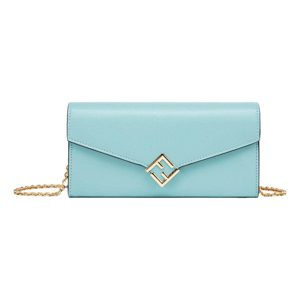 Fendi FF Diamonds Light Blue Calfskin Leather Continental Wallet on Chain Gold Hardware