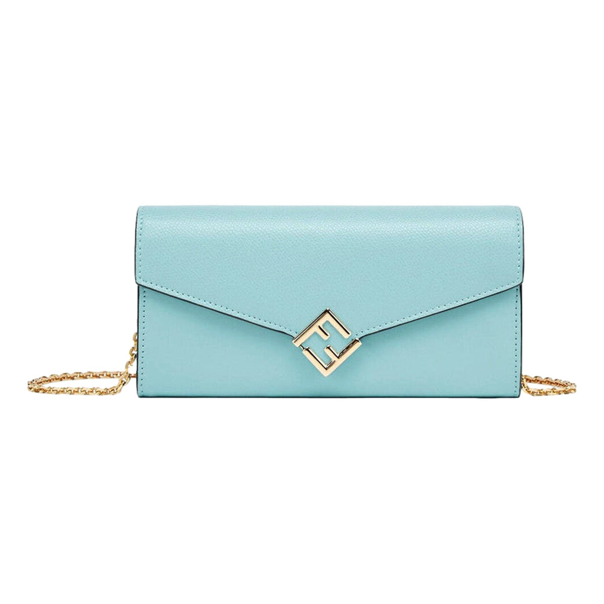 Fendi FF Diamonds Light Blue Calfskin Leather Continental Wallet on Chain Gold Hardware