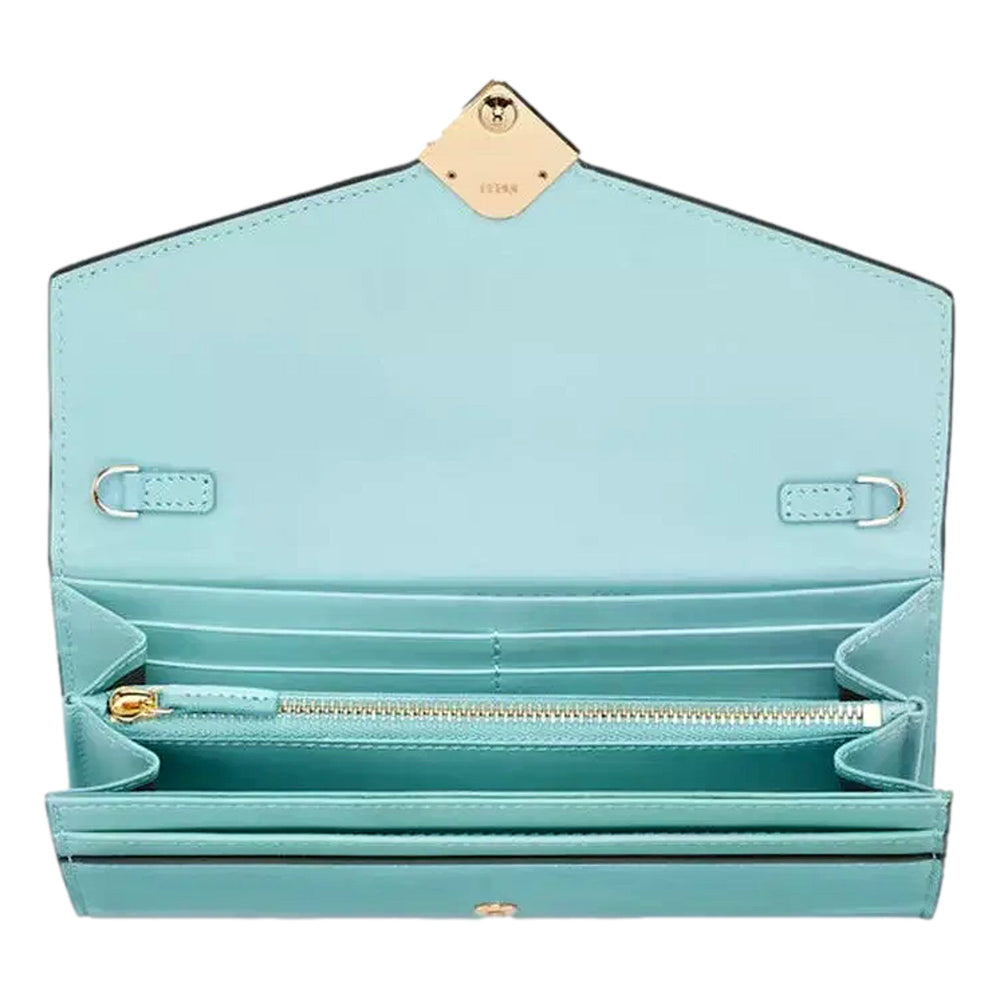 Fendi FF Diamonds Light Blue Calfskin Leather Continental Wallet on Chain Gold Hardware