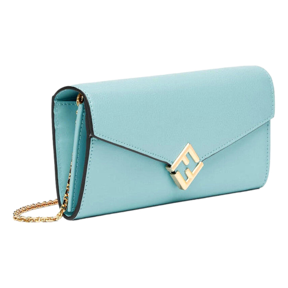 Fendi FF Diamonds Light Blue Calfskin Leather Continental Wallet on Chain Gold Hardware
