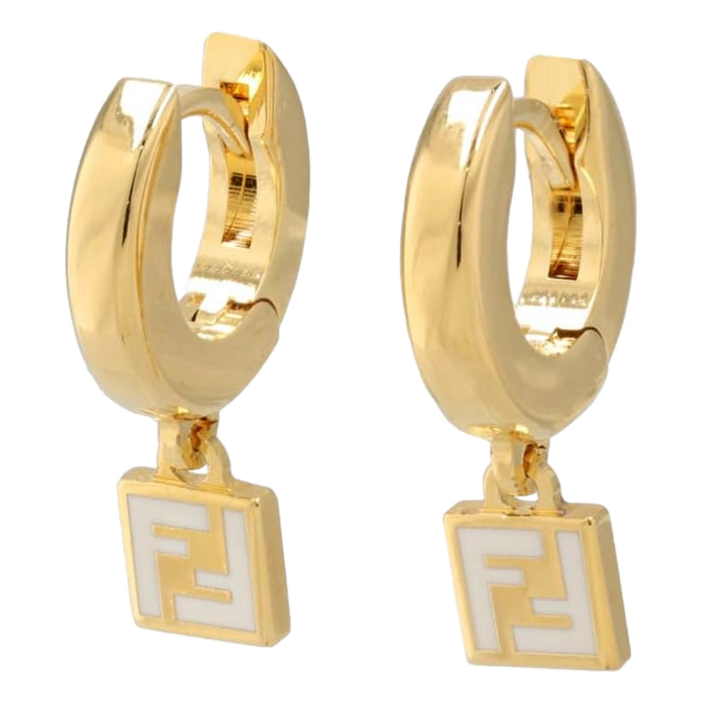 Fendi FF Gold Tone Metal White Enamel Small Hoop Earrings