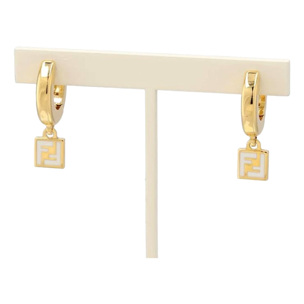 Fendi FF Gold Tone Metal White Enamel Small Hoop Earrings