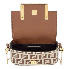 Fendi FF Canvas Nano Baguette Charm Crossbody Bag Brown White Gold Hardware