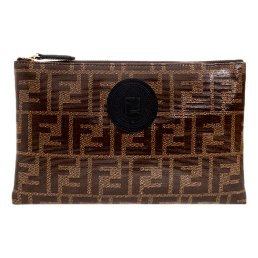 Fendi FF Zucca Brown Coated Canvas Flat Zipper Pouch Clutch