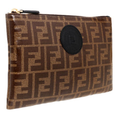 Fendi FF Zucca Brown Coated Canvas Flat Zipper Pouch Clutch