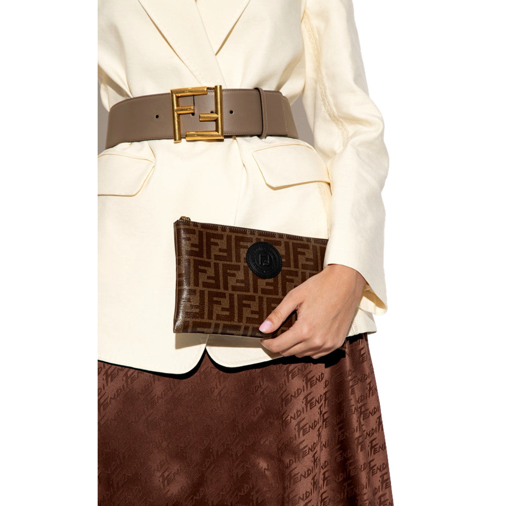 Fendi FF Zucca Brown Coated Canvas Flat Zipper Pouch Clutch