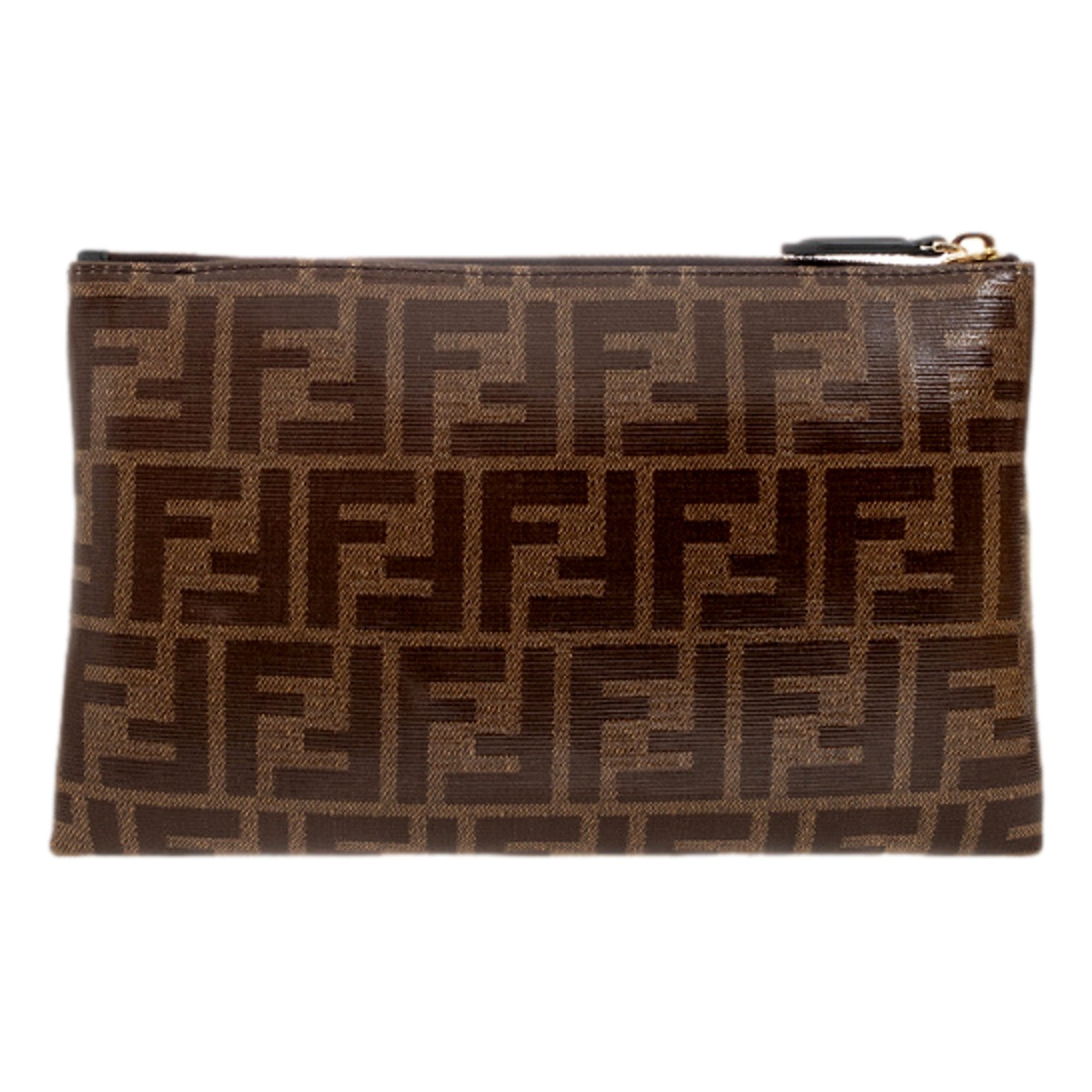 Fendi FF Zucca Brown Coated Canvas Flat Zipper Pouch Clutch