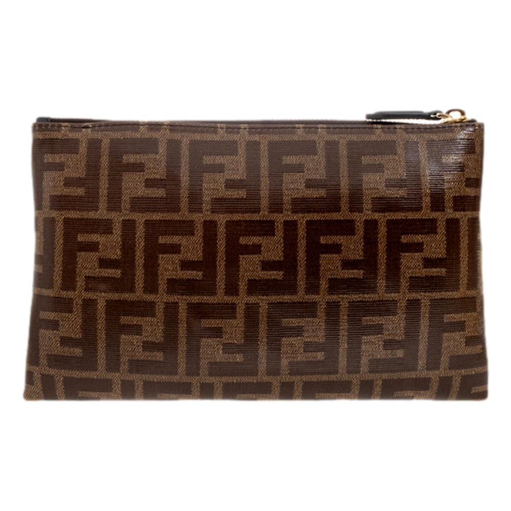 Fendi FF Zucca Brown Coated Canvas Flat Zipper Pouch Clutch