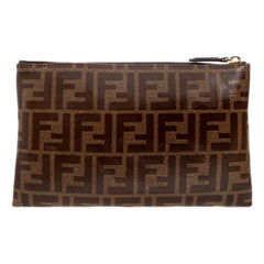 Fendi FF Zucca Brown Coated Canvas Flat Zipper Pouch Clutch