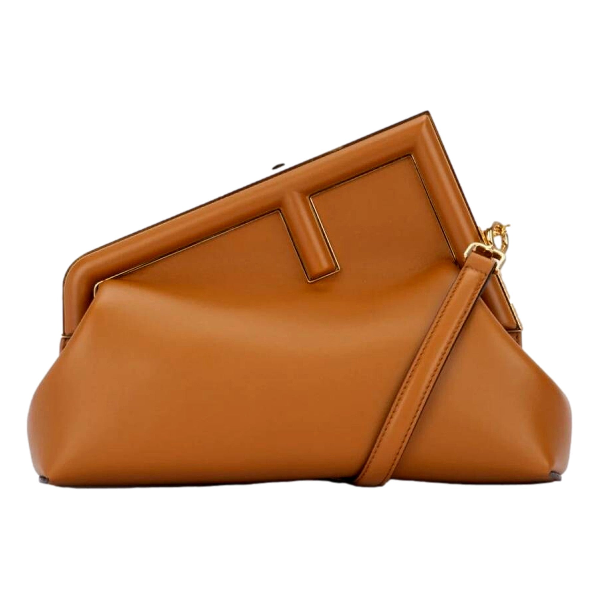 Fendi First Midi Clutch Crossbody in Caramel Brown Nappa Leather with Gold FF Logo