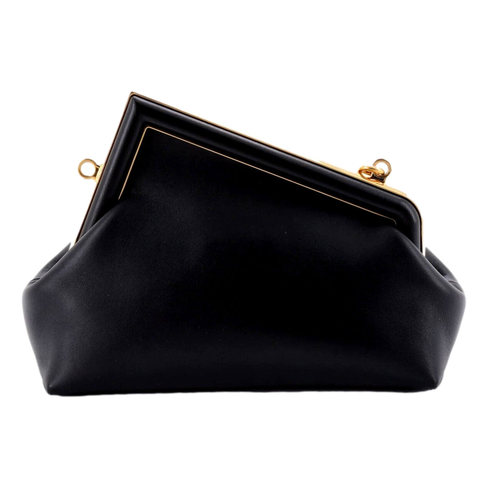 Fendi First Midi Nappa Leather Clutch Crossbody Bag Nero Black Gold FF Logo