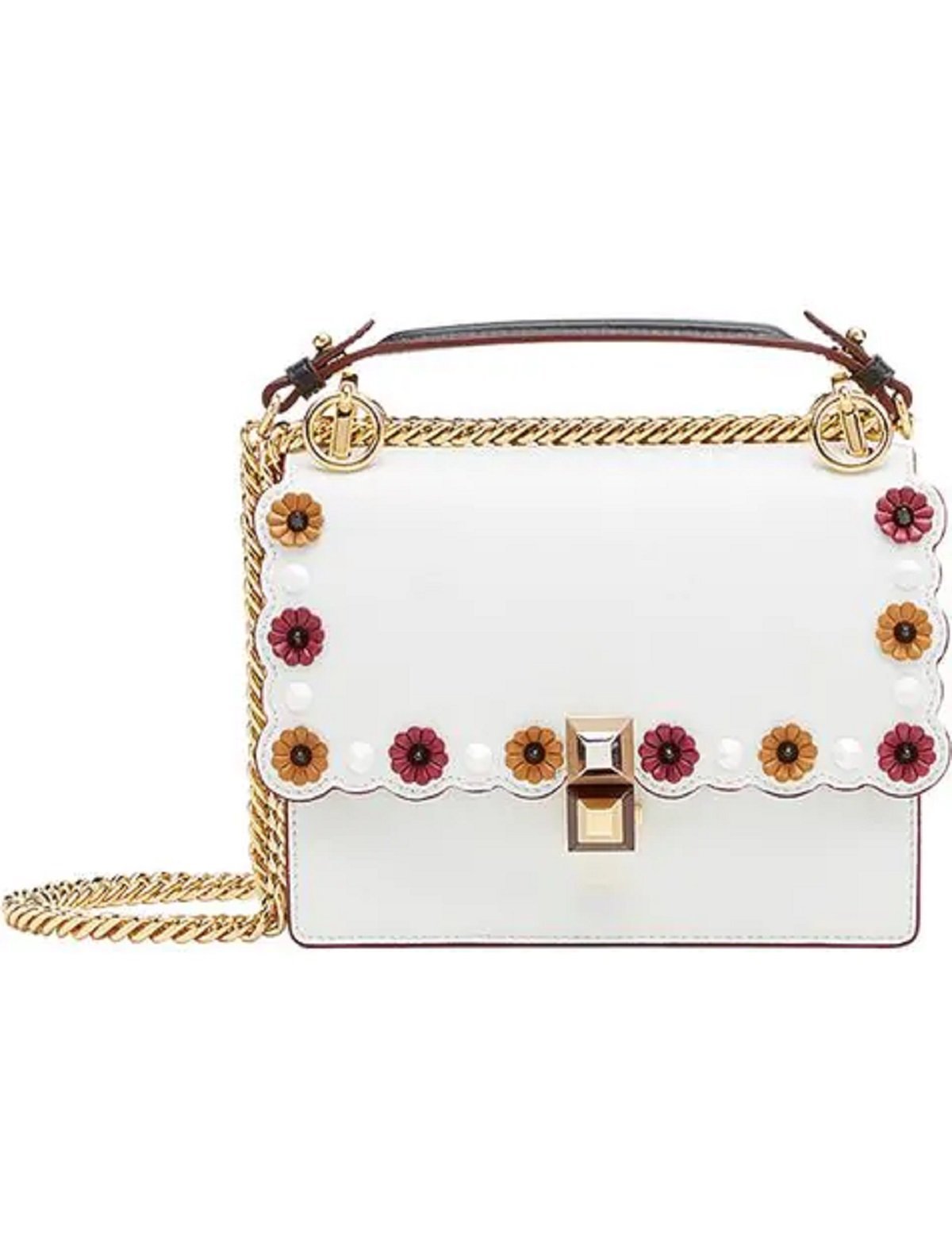 Fendi Kan I Floral Calfskin Leather Chain Bag White Multicolor
