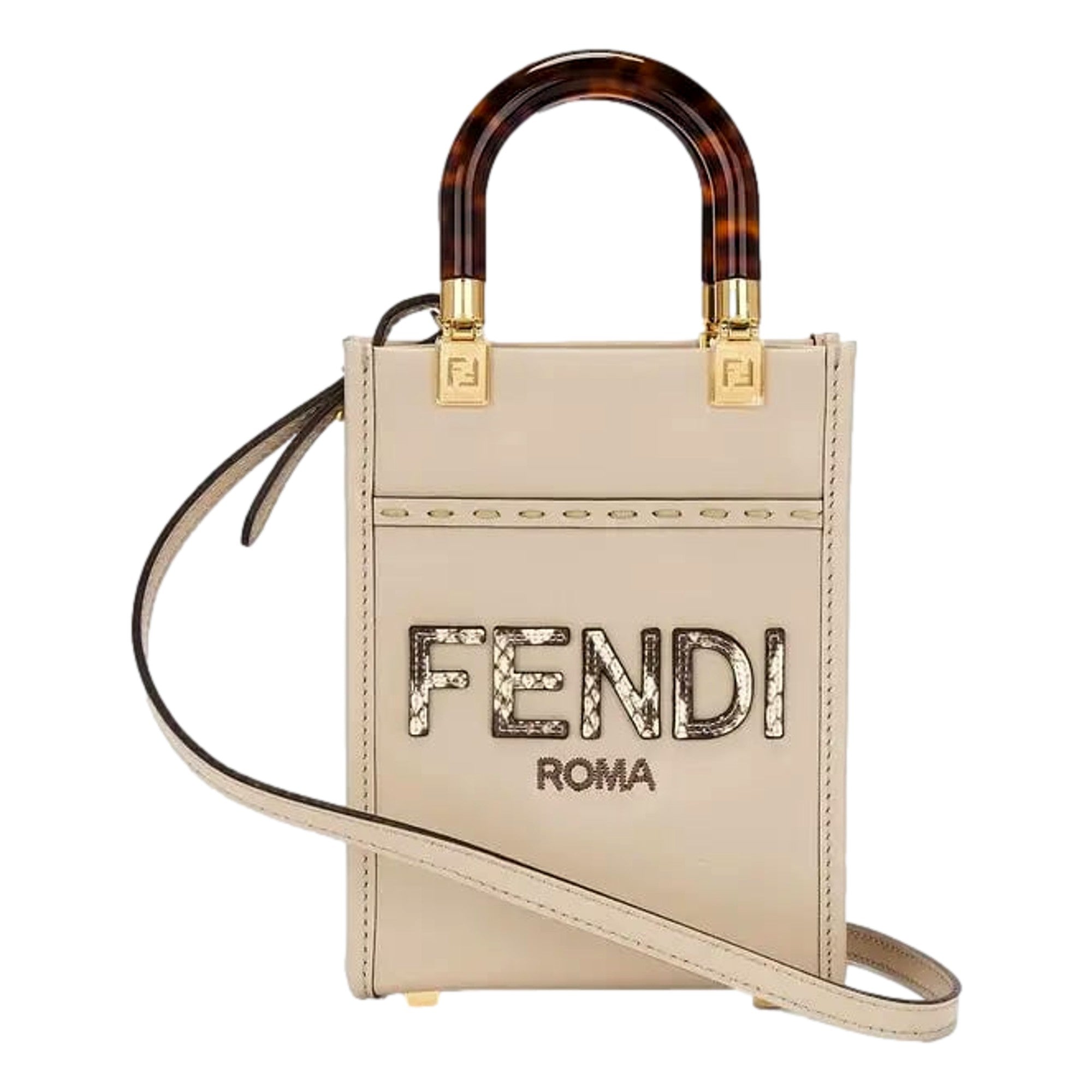 Fendi Mini Sunshine Shopper Tote Crossbody Nude Calfskin Snake Print