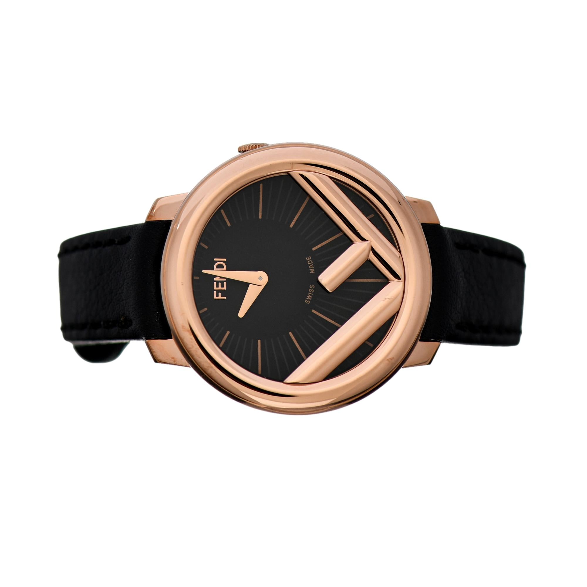 Fendi Run Away Rose Gold Black Leather 36mm Watch