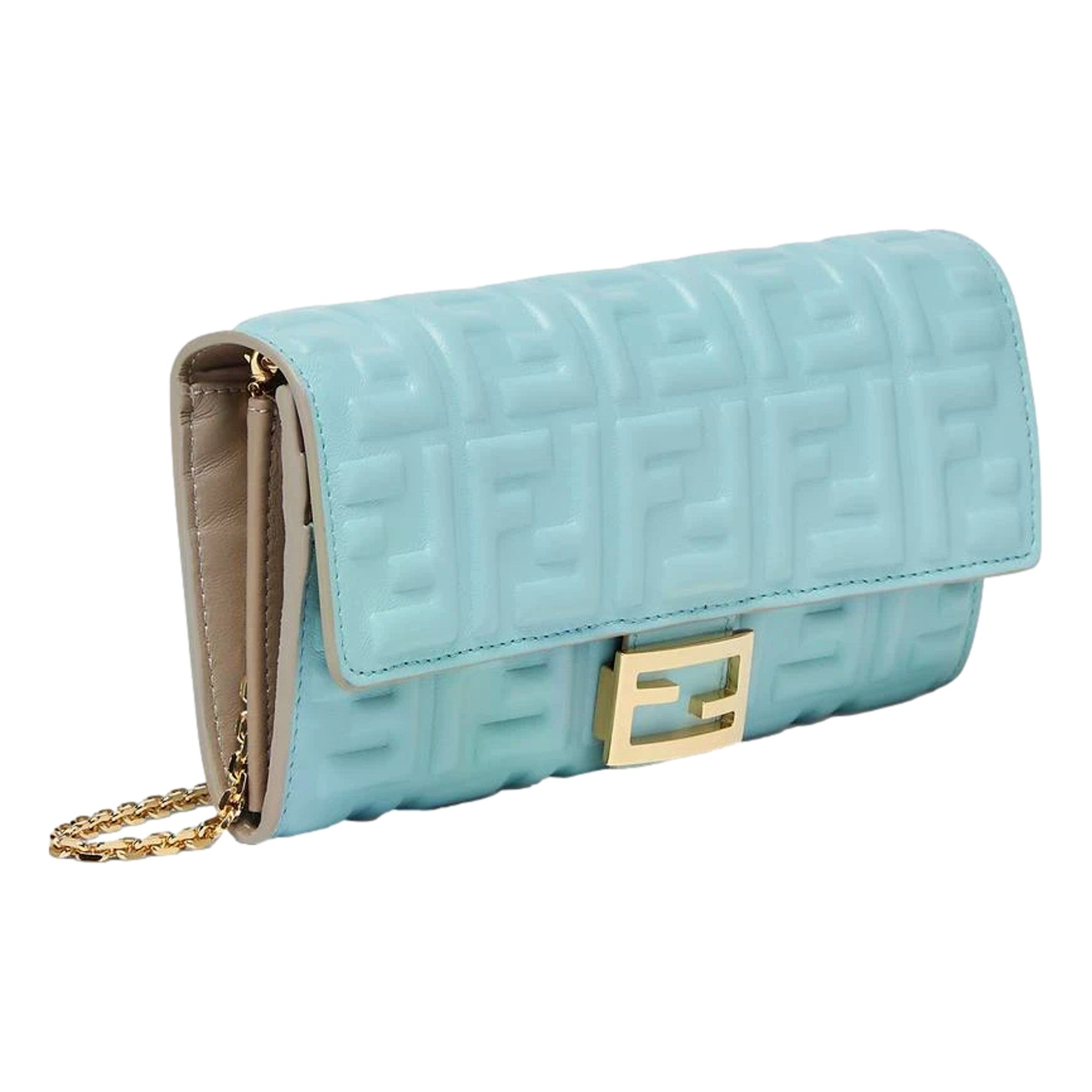 Fendi Baguette FF Embossed Lambskin Wallet on a Chain Crossbody in Light Blue