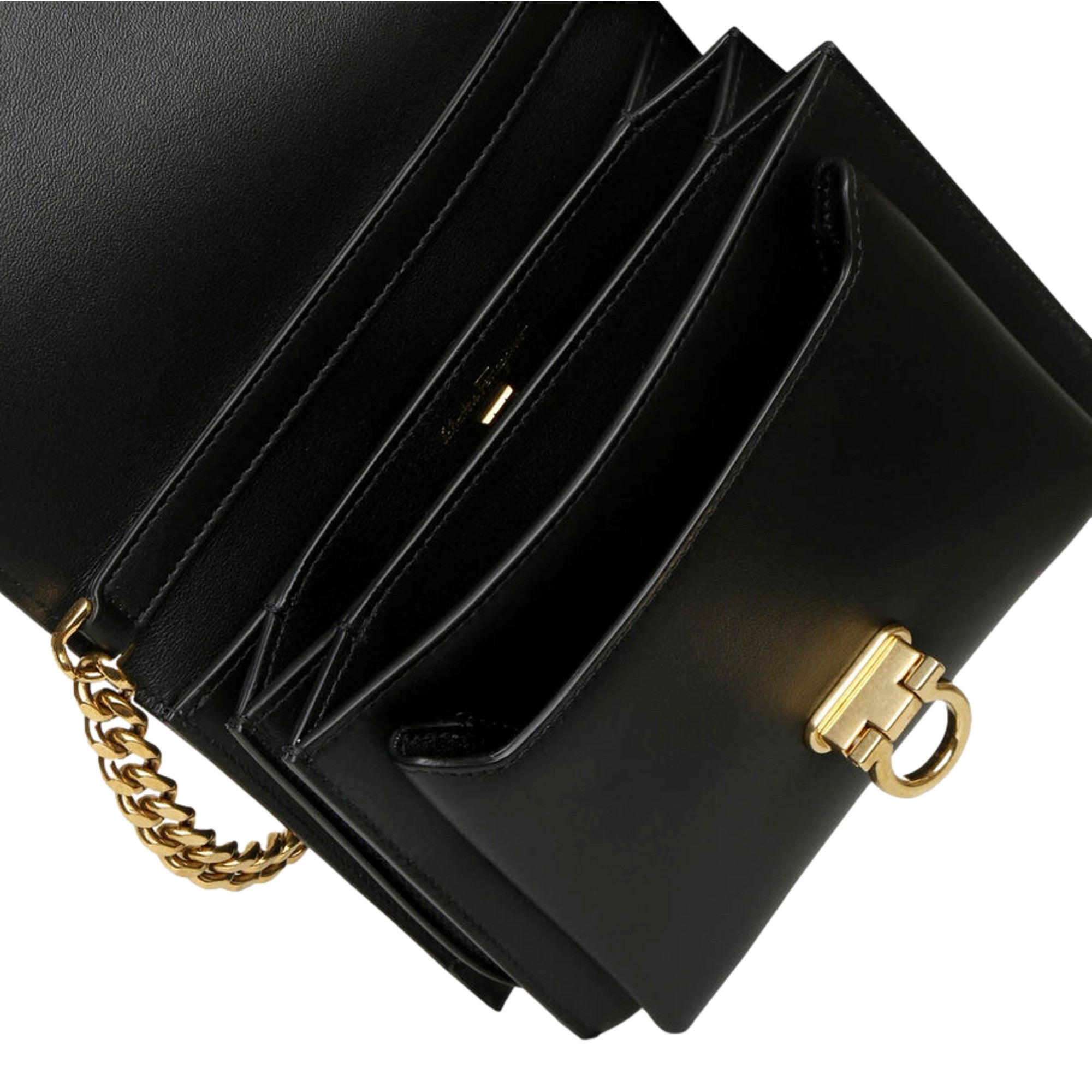 Ferragamo Trifolio Black Leather Flap Crossbody Bag Gold Gancini Designer