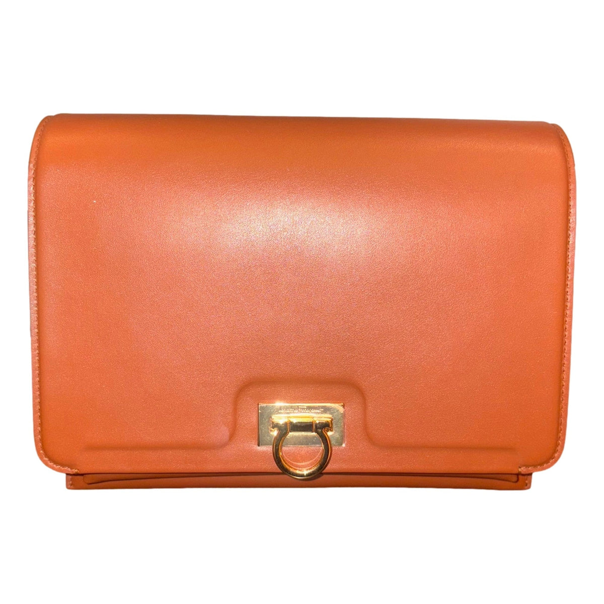 Ferragamo Trifolio Cognac Brown Soft Leather Flap Crossbody Bag Gold Gancini