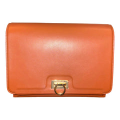 Ferragamo Trifolio Cognac Brown Soft Leather Flap Crossbody Bag Gold Gancini