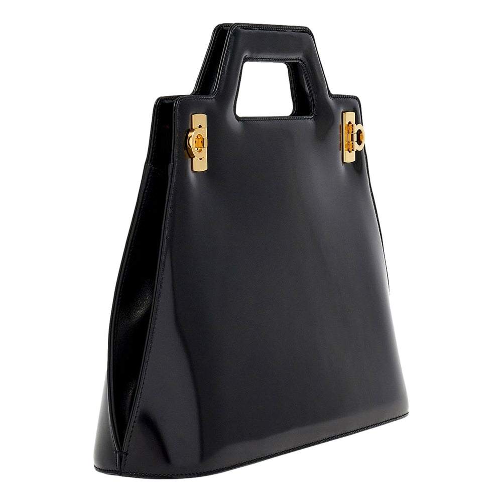 Ferragamo Wanda Black Patent Leather Top Handle Handbag