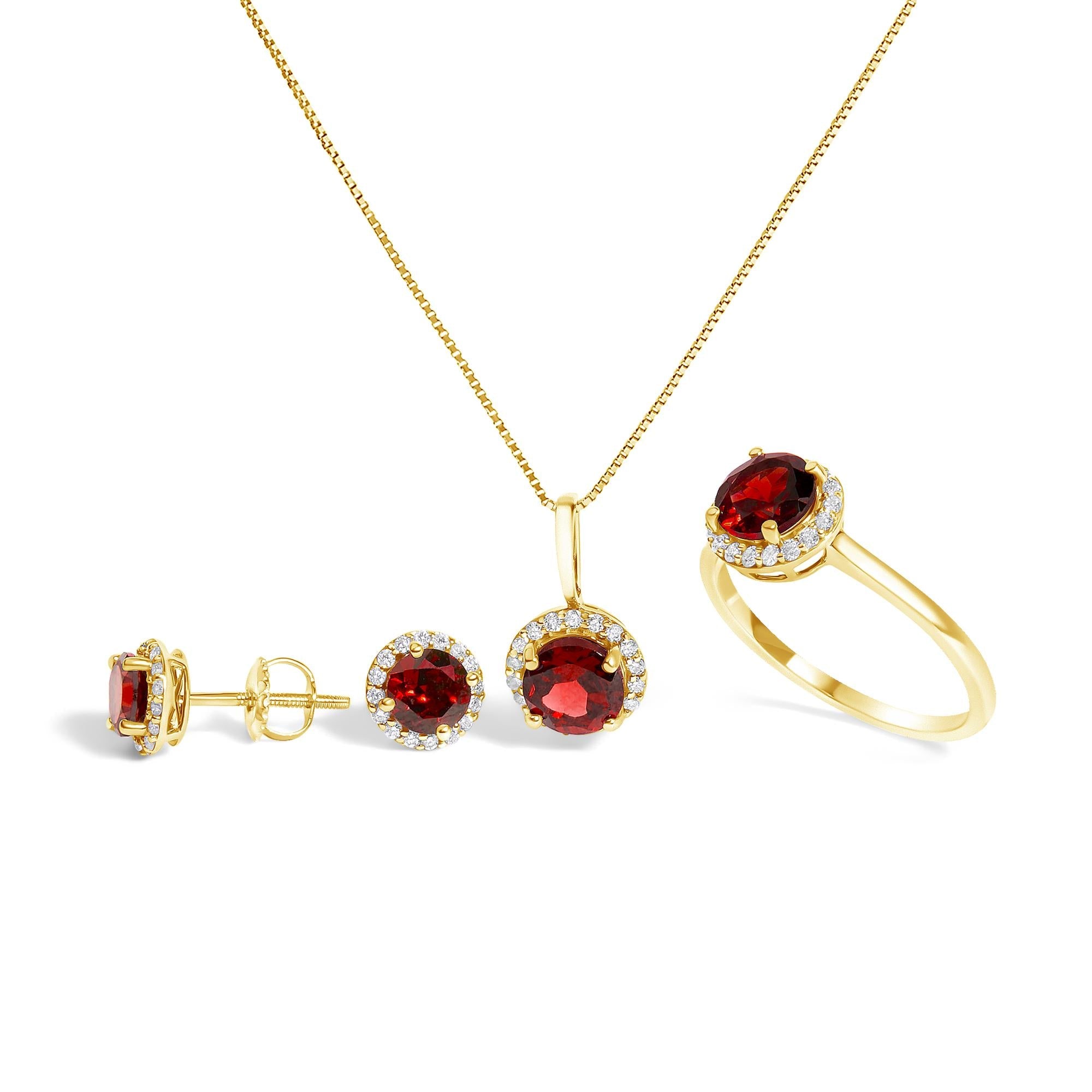 10K Gold Gemstone and 3/8 Cttw Diamond Halo Jewelry Set (Earrings, Pendant & Ring)