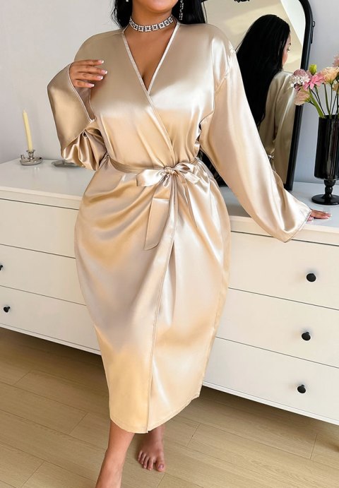 Elegant Beige Satin Robe with Waist Tie