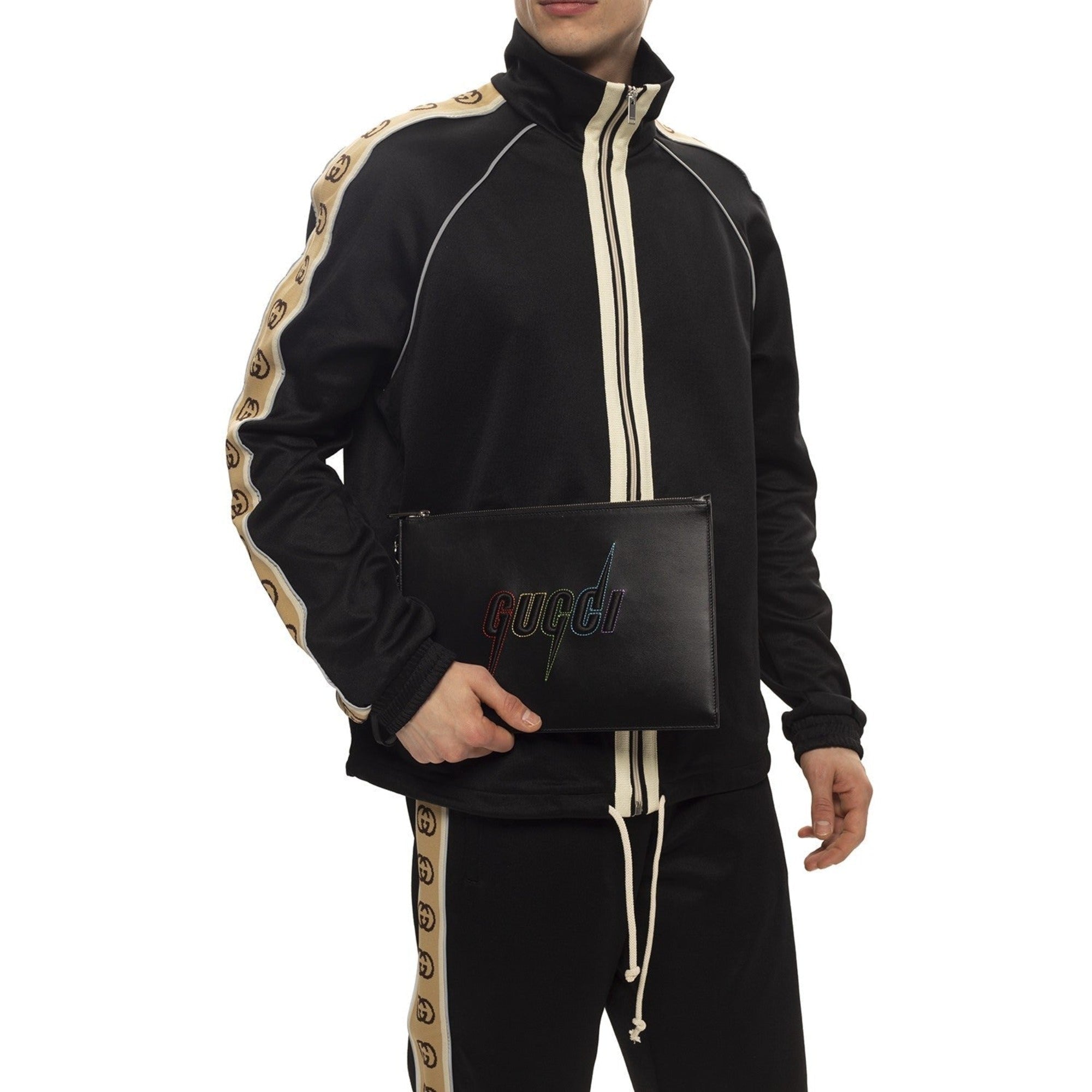 Gucci Blade Embroidered Black Leather Pouch Wristlet Clutch Bag