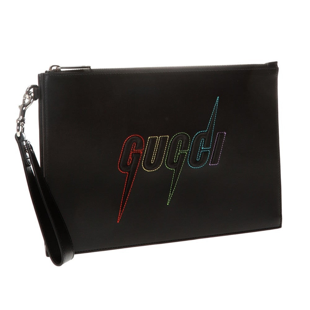 Gucci Blade Embroidered Black Leather Pouch Wristlet Clutch Bag
