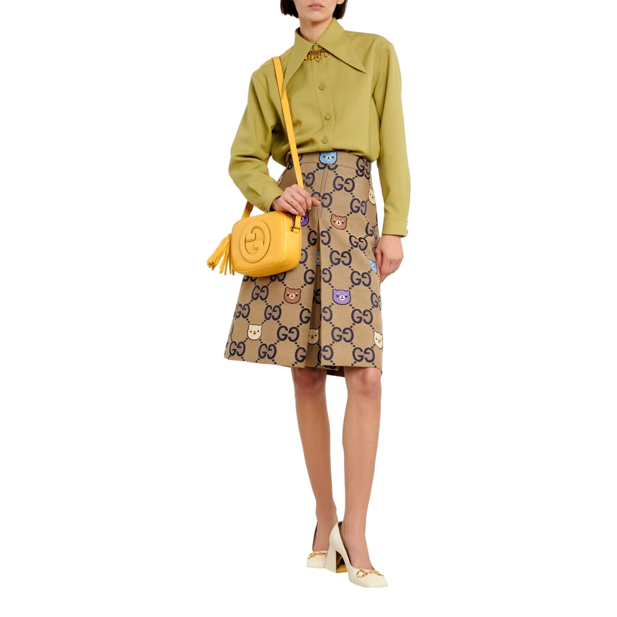 Gucci Blondie GG Patch Yellow Leather Camera Crossbody Bag Diagonal Stitching