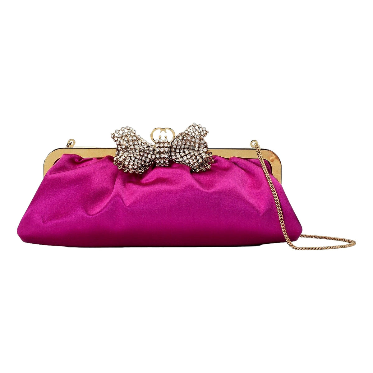 Gucci Broadway Crystal Bow Clutch Chain Shoulder Bag Fuchsia Satin