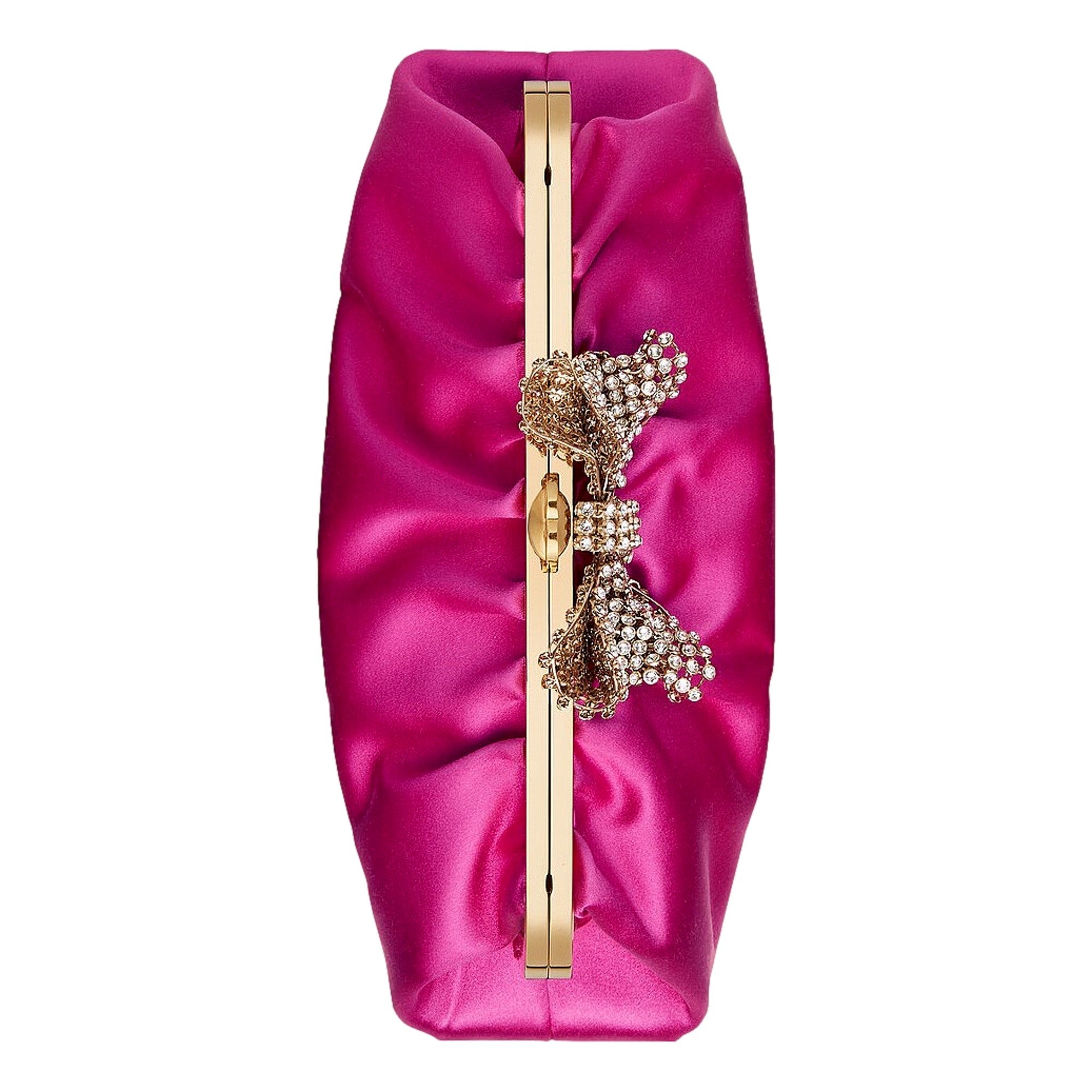 Gucci Broadway Crystal Bow Clutch Chain Shoulder Bag Fuchsia Satin