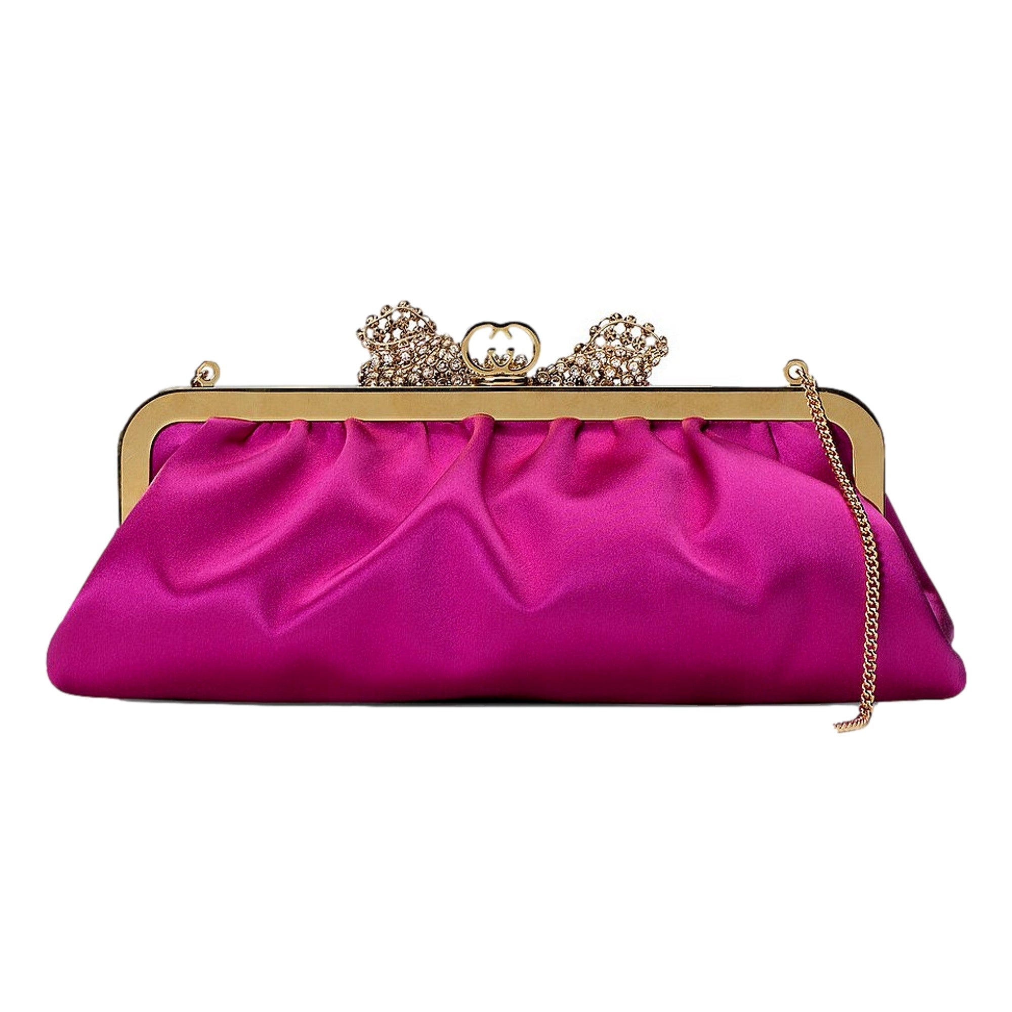 Gucci Broadway Crystal Bow Clutch Chain Shoulder Bag Fuchsia Satin