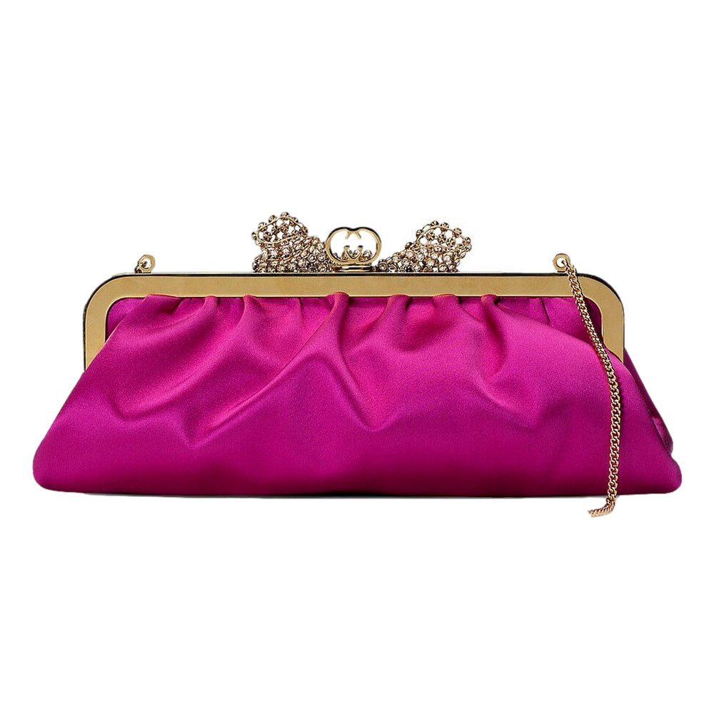 Gucci Broadway Crystal Bow Clutch Chain Shoulder Bag Fuchsia Satin