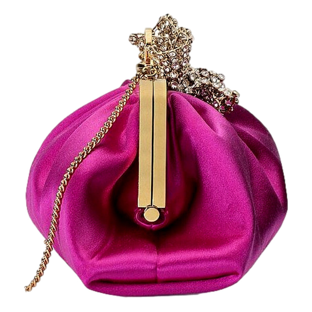 Gucci Broadway Crystal Bow Clutch Chain Shoulder Bag Fuchsia Satin