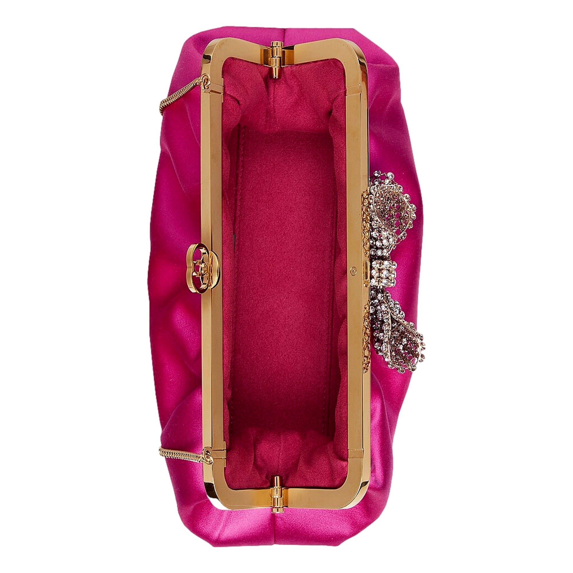 Gucci Broadway Crystal Bow Clutch Chain Shoulder Bag Fuchsia Satin