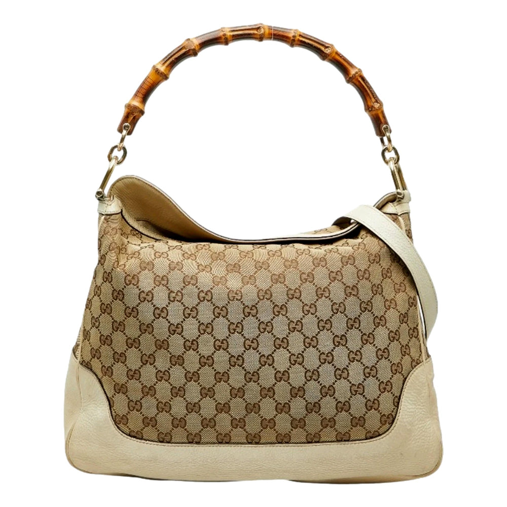 Gucci Diana Bamboo GG Canvas Medium Shoulder Bag White Leather