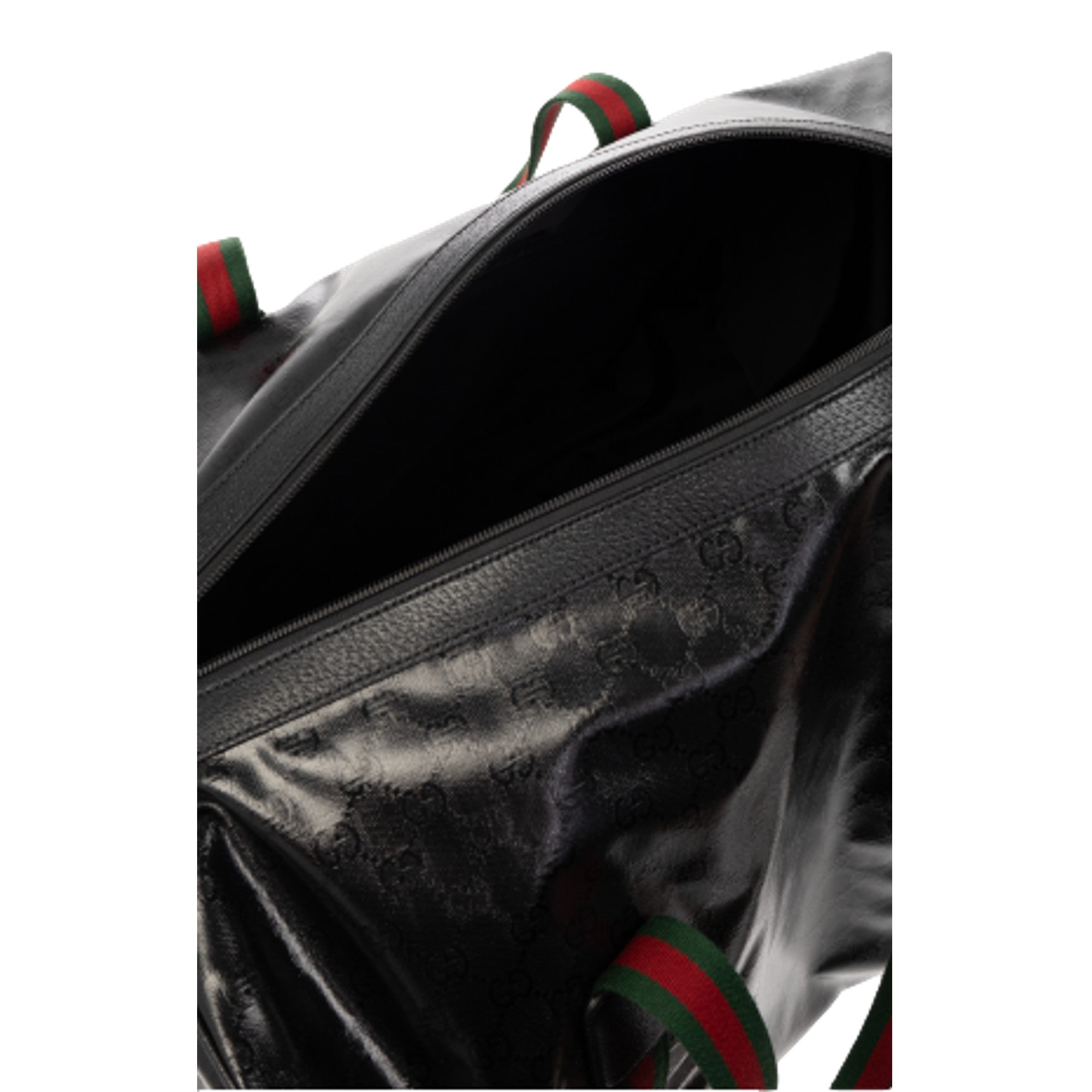 Gucci Duffle Maxi GG Black Glossy Fabric Duffel Bag Leather Trim