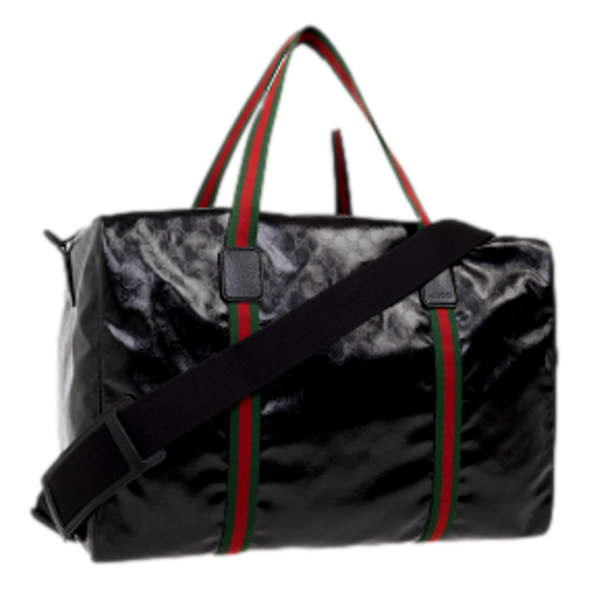 Gucci Duffle Maxi GG Black Glossy Fabric Duffel Bag Leather Trim