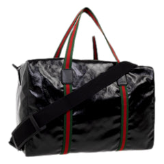 Gucci Duffle Maxi GG Black Glossy Fabric Duffel Bag Leather Trim