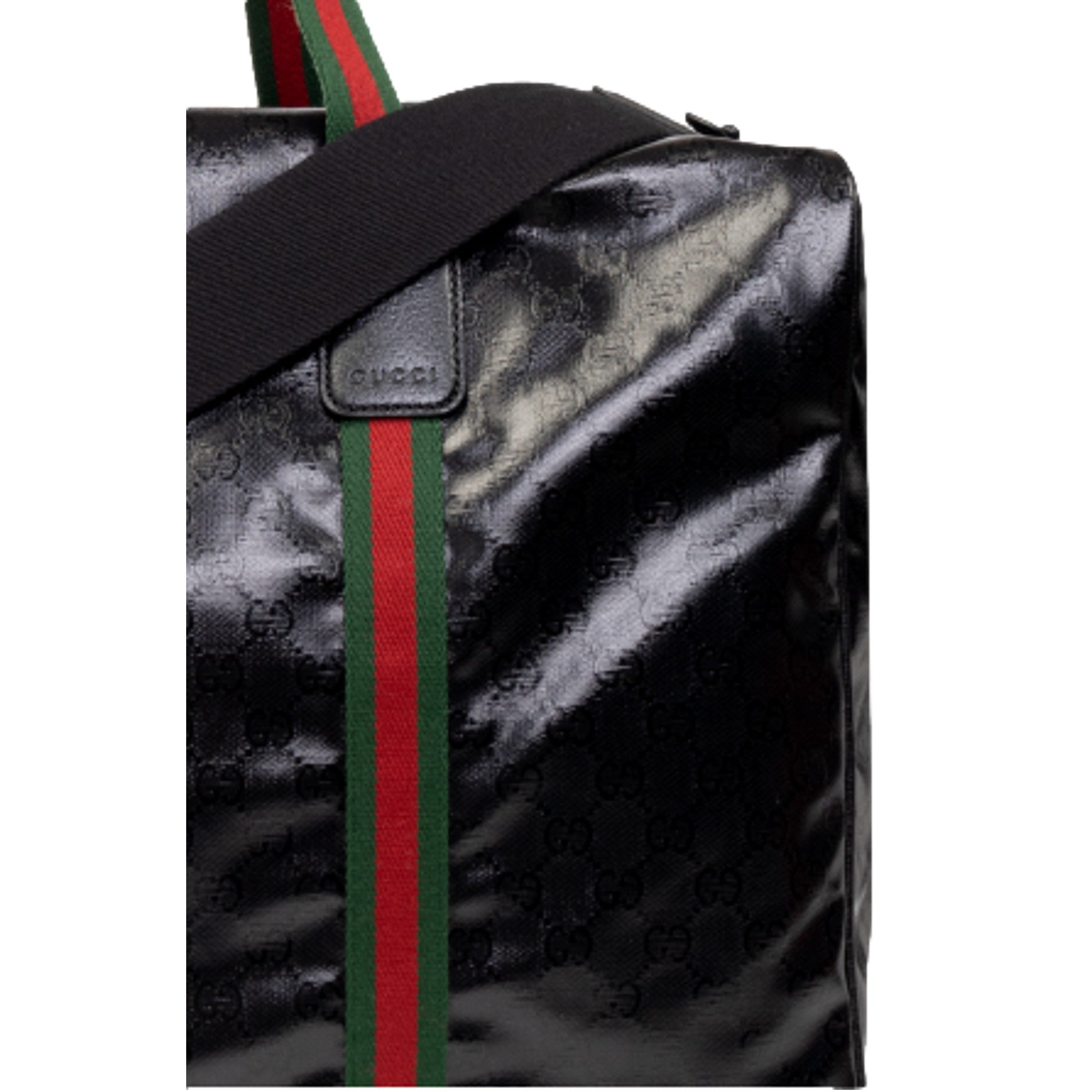 Gucci Duffle Maxi GG Black Glossy Fabric Duffel Bag Leather Trim