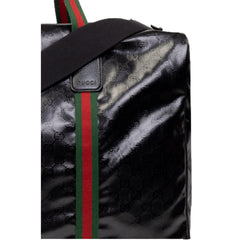 Gucci Duffle Maxi GG Black Glossy Fabric Duffel Bag Leather Trim