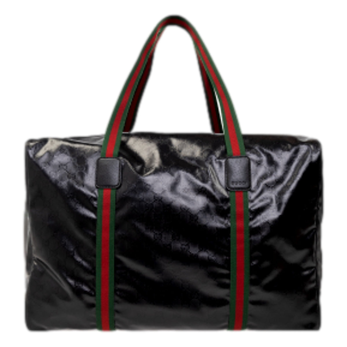 Gucci Duffle Maxi GG Black Glossy Fabric Duffel Bag Leather Trim