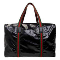 Gucci Duffle Maxi GG Black Glossy Fabric Duffel Bag Leather Trim