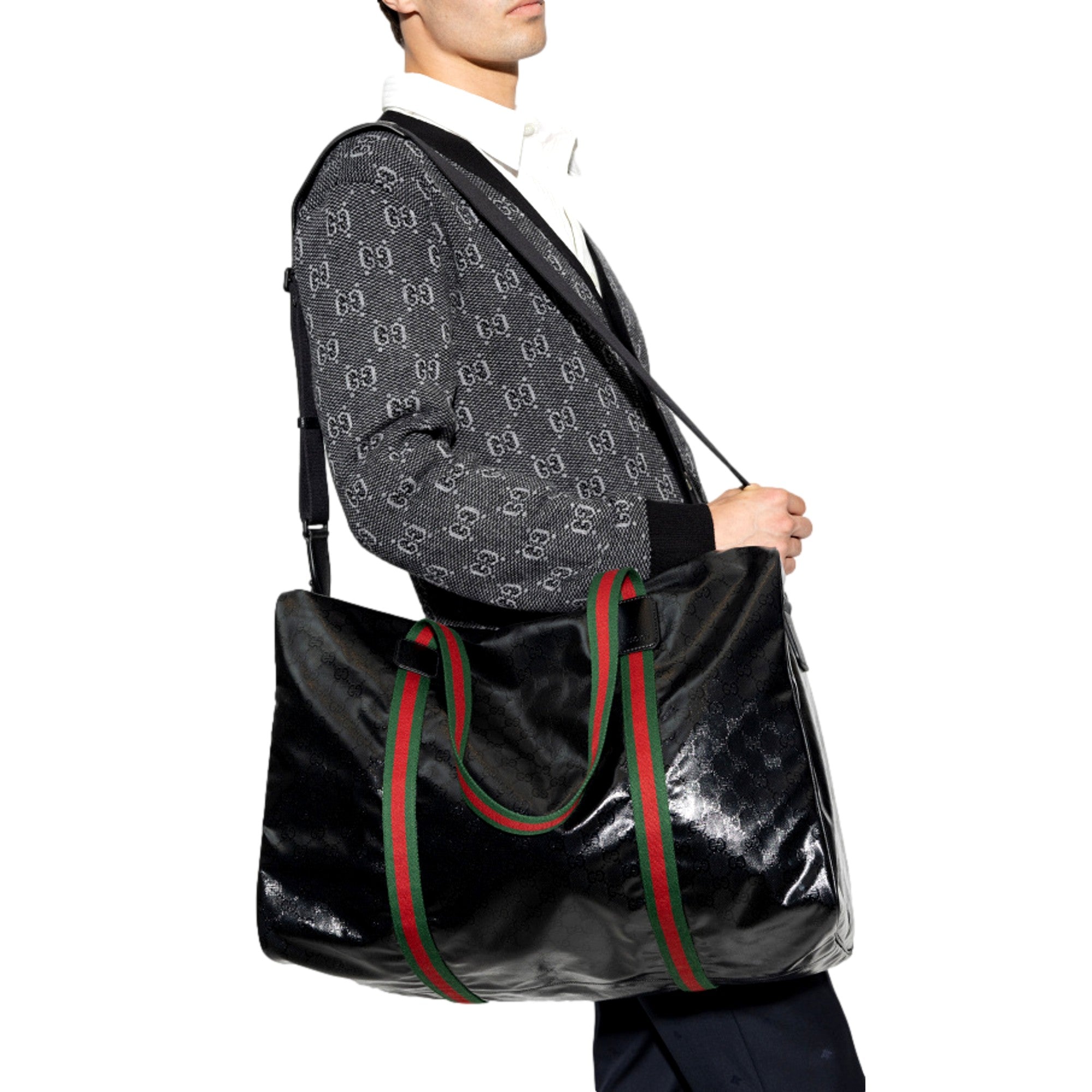 Gucci Duffle Maxi GG Black Glossy Fabric Duffel Bag Leather Trim