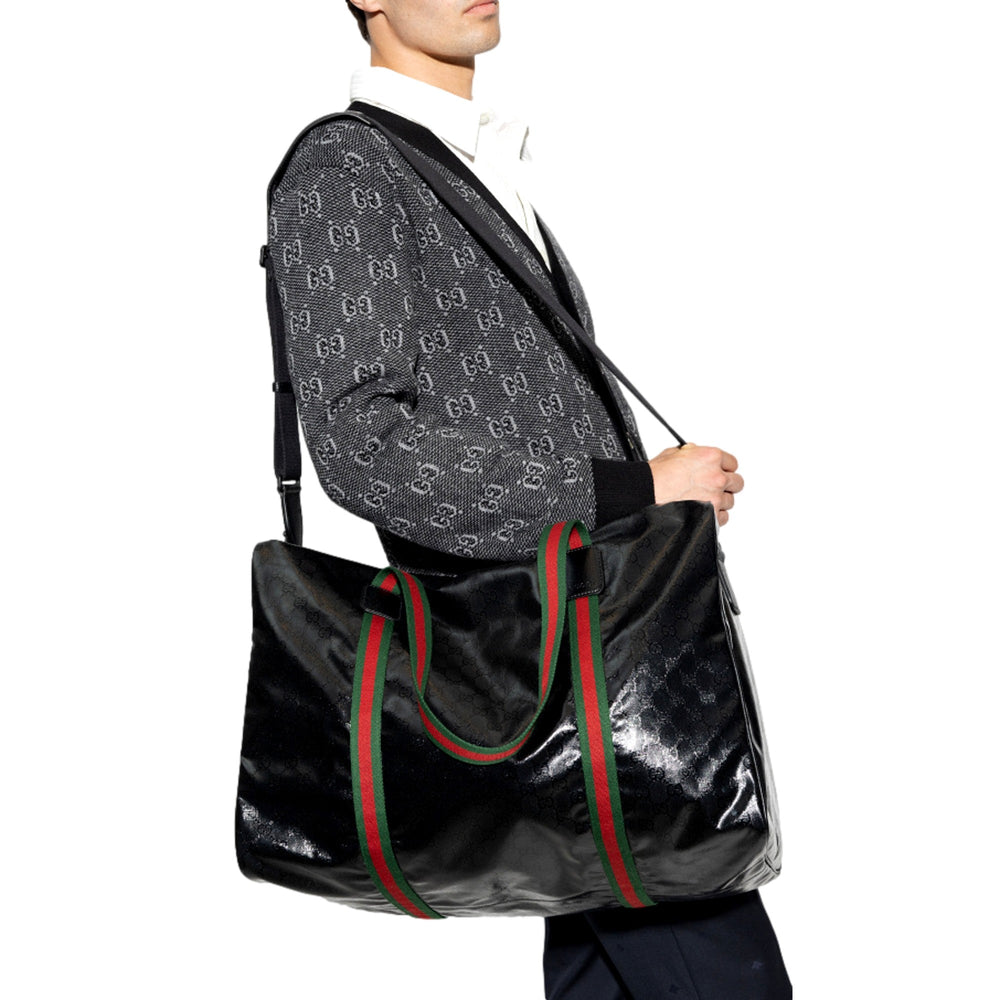 Gucci Duffle Maxi GG Black Glossy Fabric Duffel Bag Leather Trim