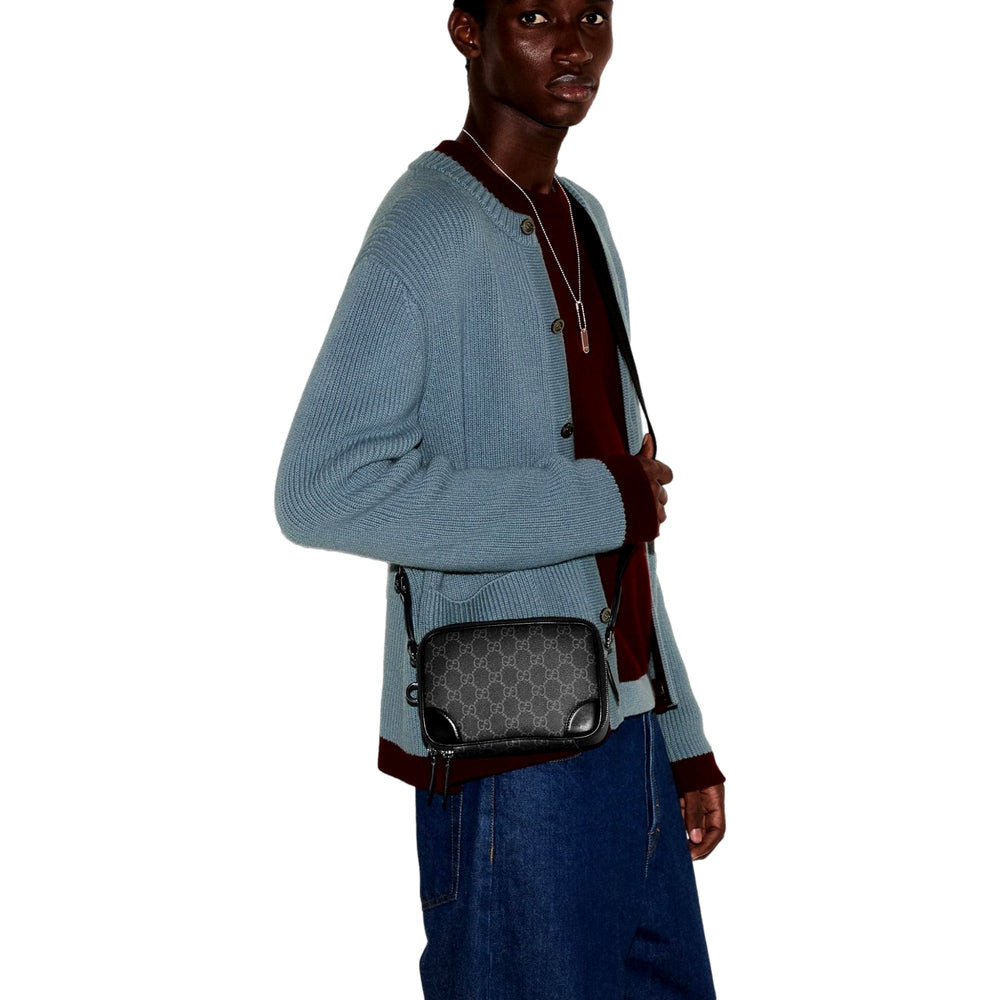 Gucci GG Black Canvas and Leather Unisex Dual Compartment Crossbody Bag