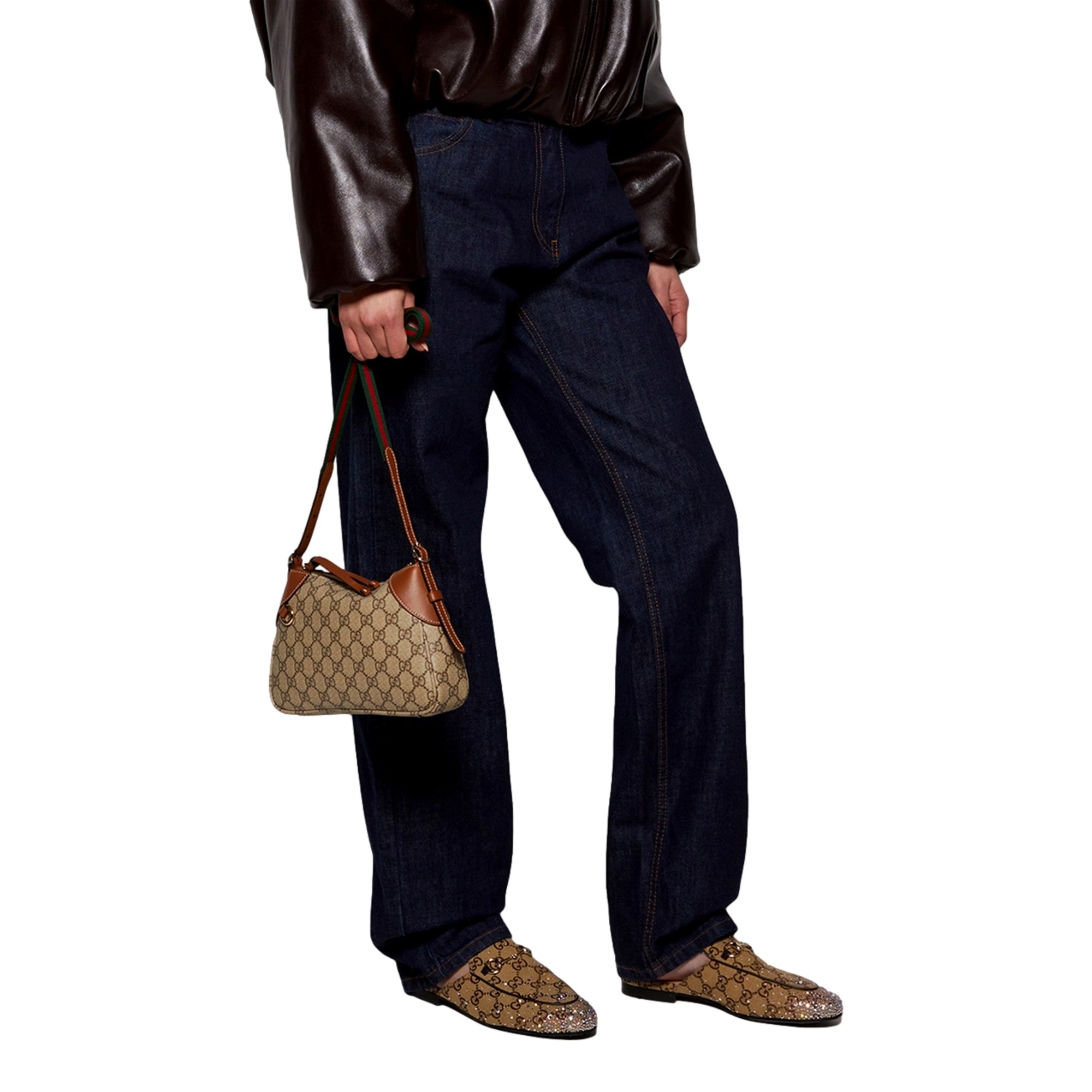 Gucci GG Emblem Supreme Canvas Leather Shoulder Bag Brown Beige
