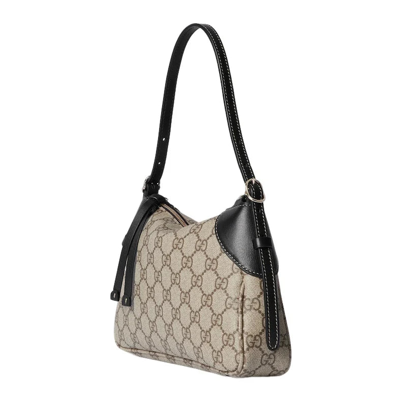 Gucci GG Emblem Supreme Canvas Leather Shoulder Bag Black Beige