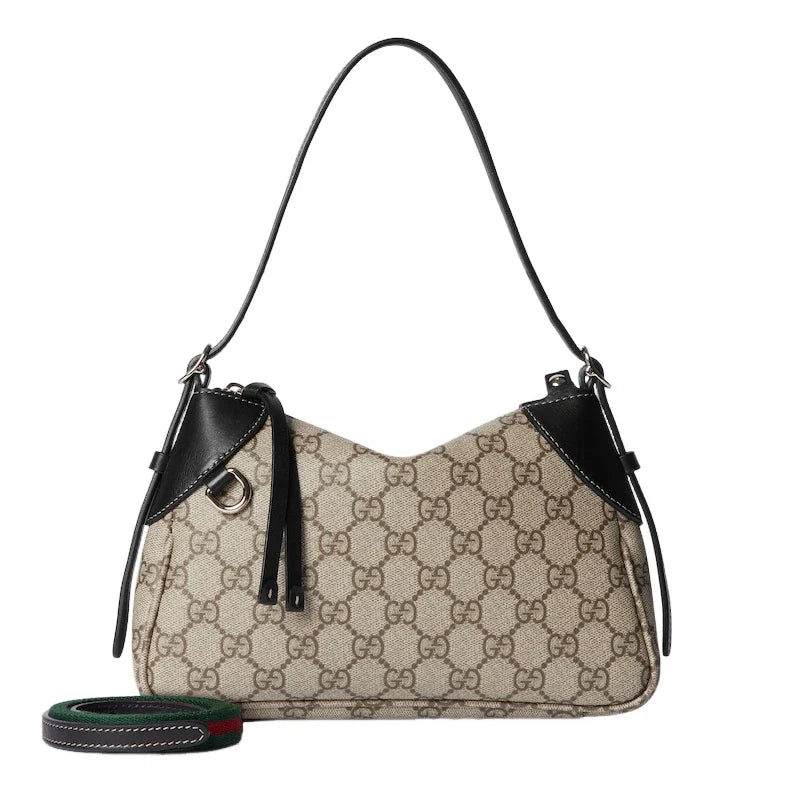 Gucci GG Emblem Supreme Canvas Leather Shoulder Bag Black Beige