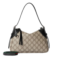 Gucci GG Emblem Supreme Canvas Leather Shoulder Bag Black Beige