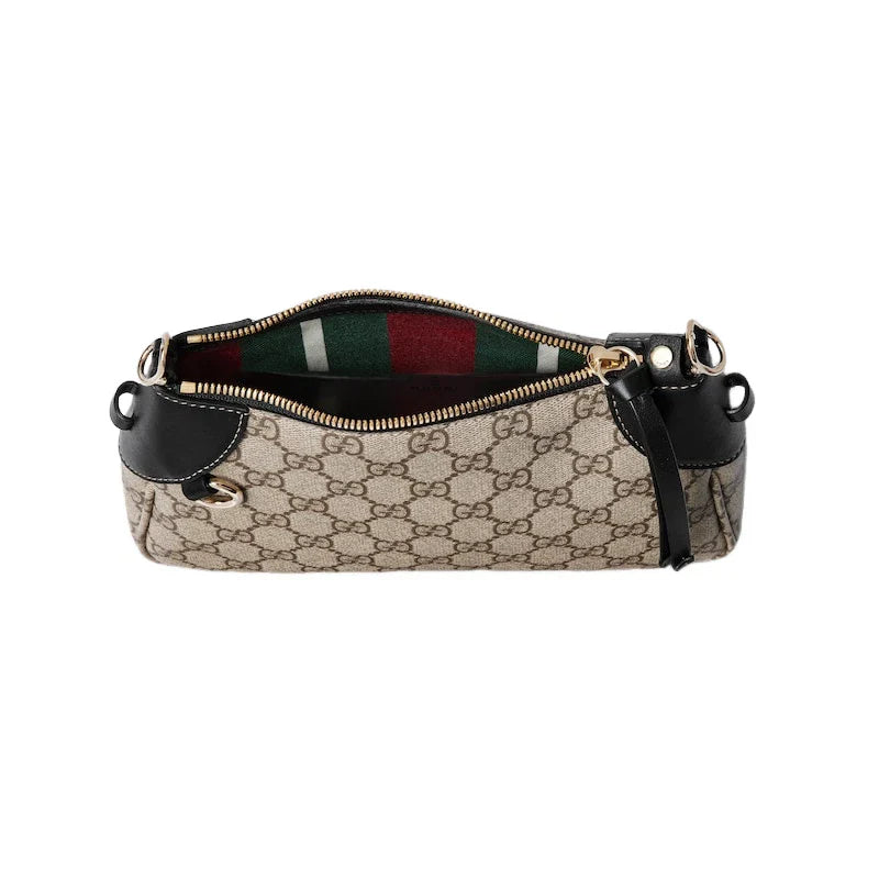 Gucci GG Emblem Supreme Canvas Leather Shoulder Bag Black Beige